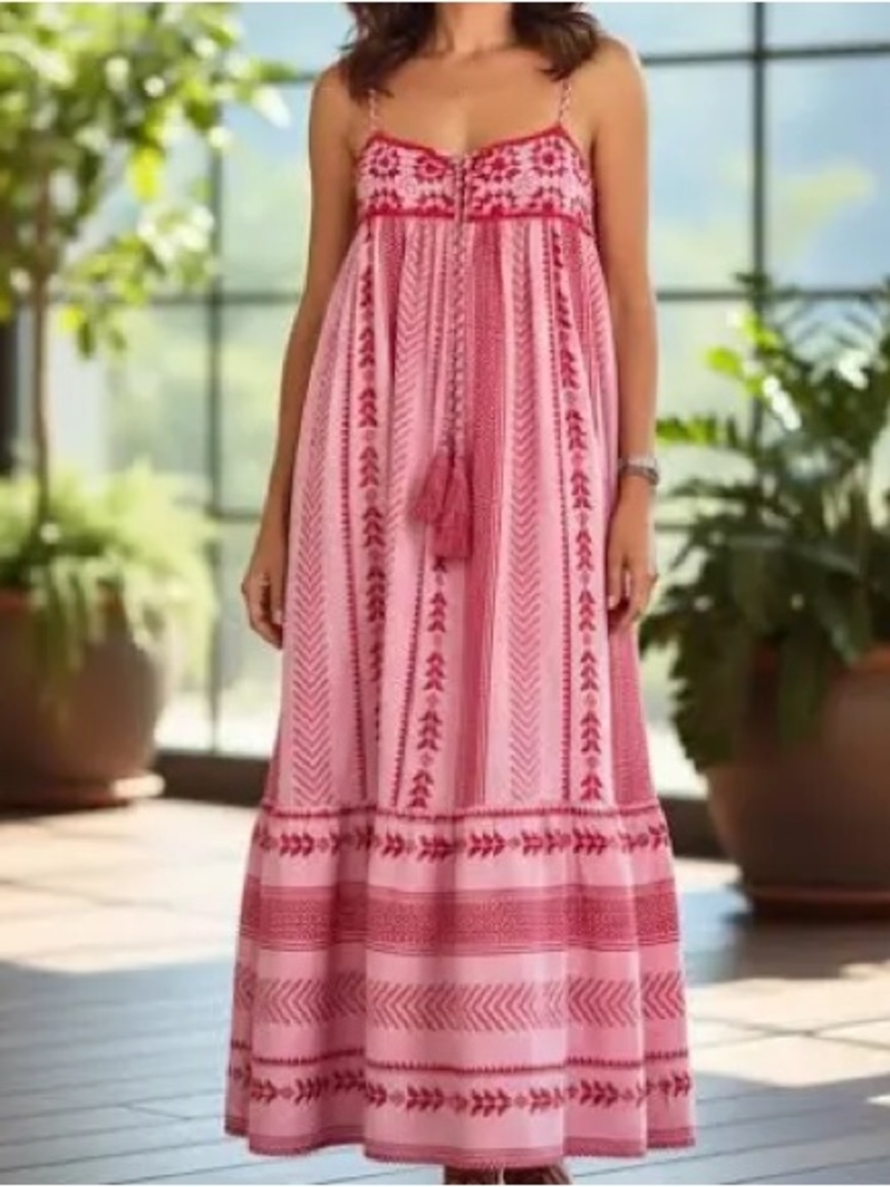 Pink Printed Maxi Sundress with Tassel Tie